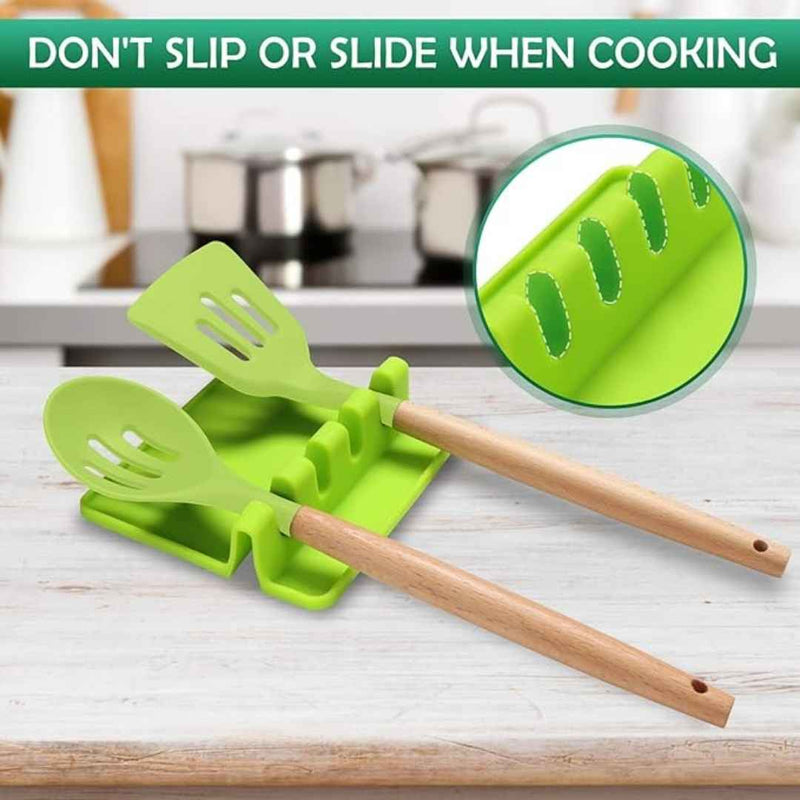 حامل أدوات مطبخ سيليكون – قاعدة مقاومة للحرارة لوضع الملاعق مع صينية لتجميع السوائل