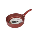 Red frying pan with a brand label on a white background