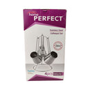 Packaging of home PERFECT stainless steel coffeepot set on a white background