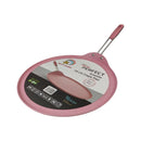 Pink crepe pan with handle on a white background