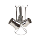 Set of three metal jigger cups in a stand on a white background