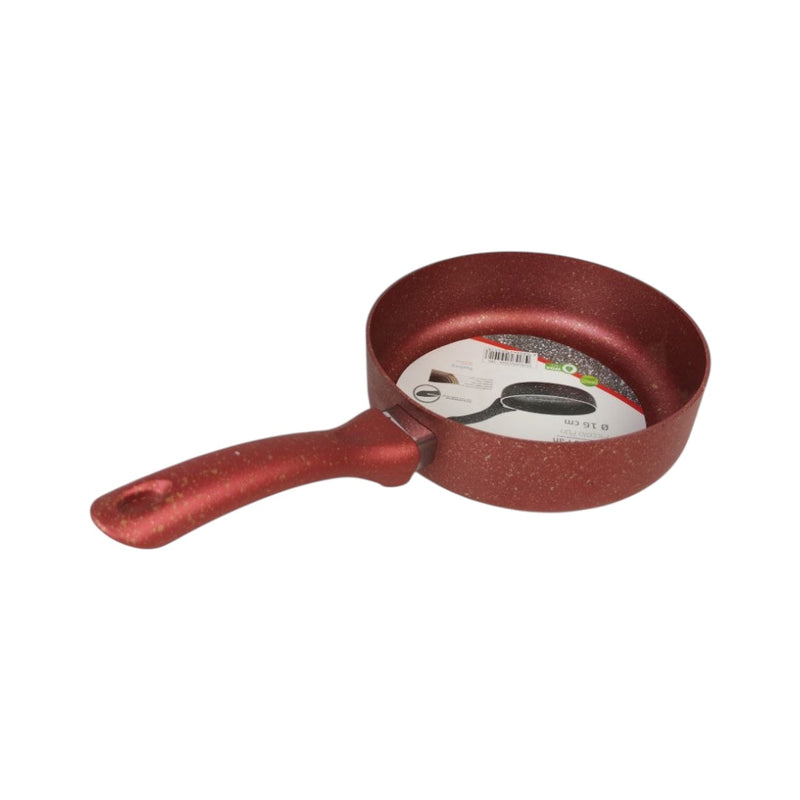 Red frying pan with a label on a white background