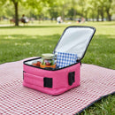 Pink cooler bag with picnic items on a checkered blanket in a park