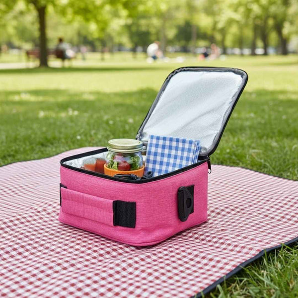 Pink cooler bag with picnic items on a checkered blanket in a park