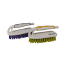 Two cleaning brushes with different bristle colors on a white background
