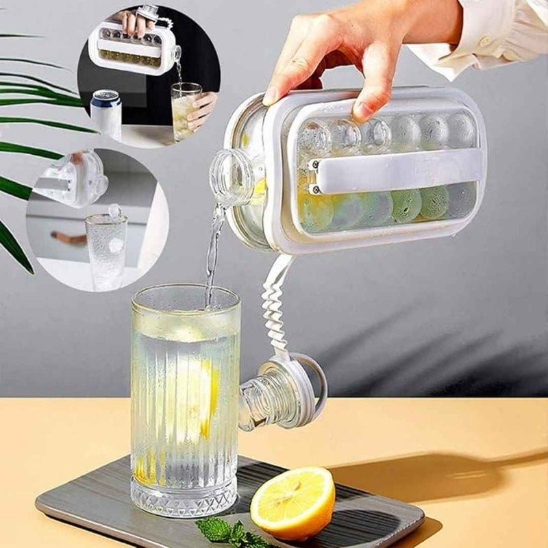 Hand pouring lemonade from a portable juicer into a glass with a lemon on a table.