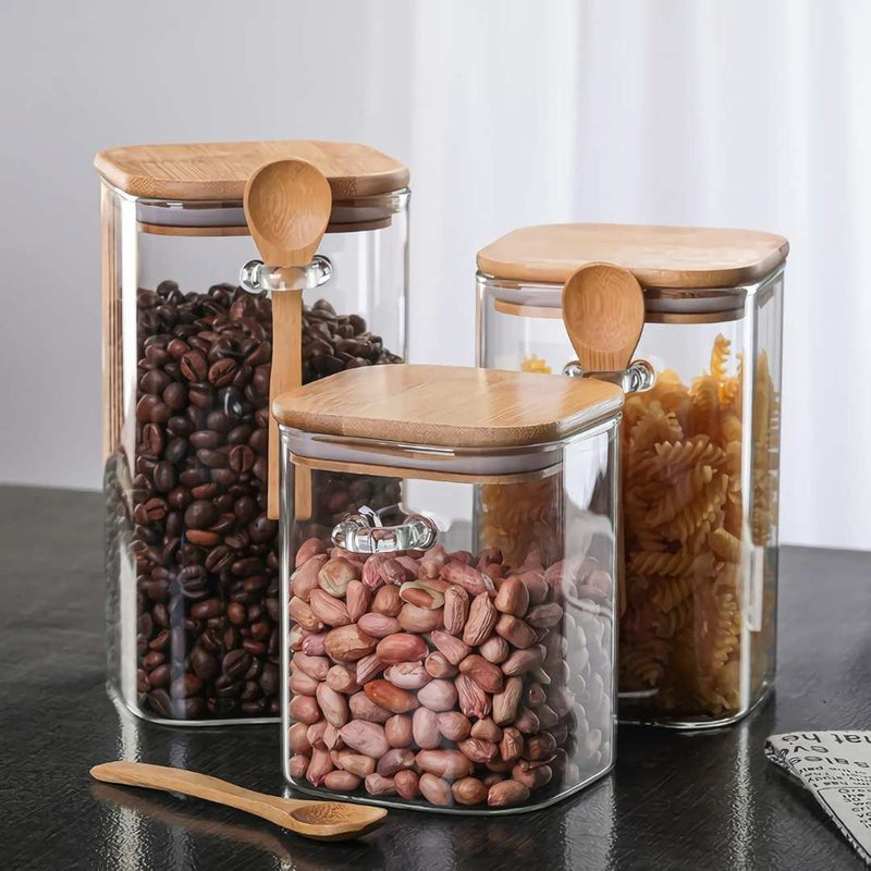 Set of 3 Glass Storage Jars with Wooden Lids and Spoons – Airtight Kitchen Containers