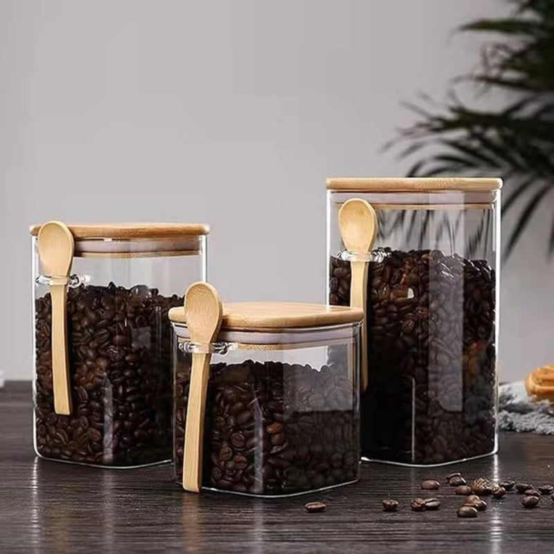 Set of 3 Glass Storage Jars with Wooden Lids and Spoons – Airtight Kitchen Containers