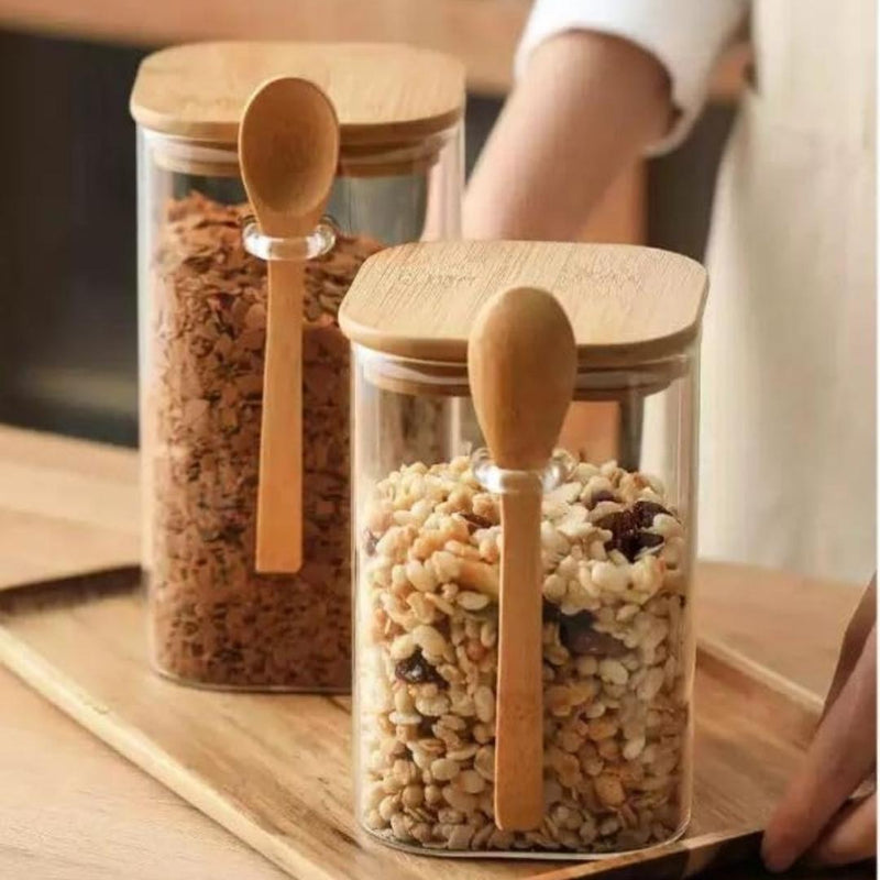 Set of 3 Glass Storage Jars with Wooden Lids and Spoons – Airtight Kitchen Containers