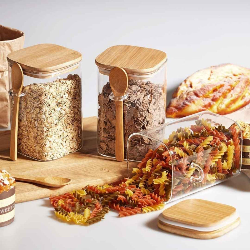 Set of 3 Glass Storage Jars with Wooden Lids and Spoons – Airtight Kitchen Containers