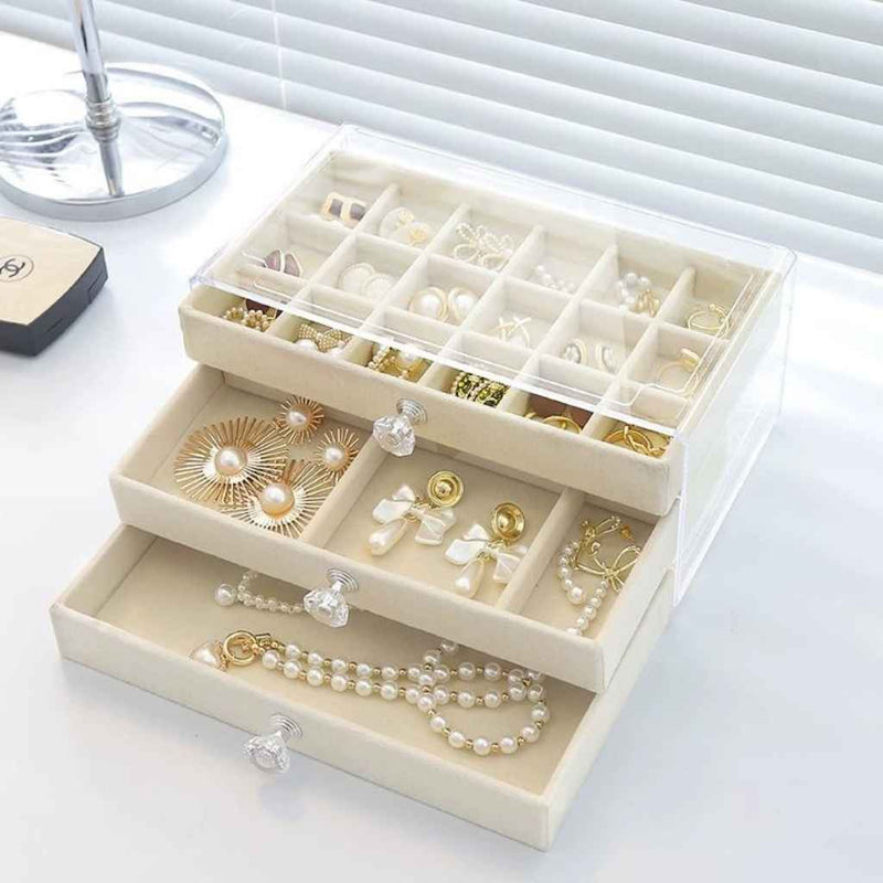 Drawer-style jewelry box with anti-scratch transparent top