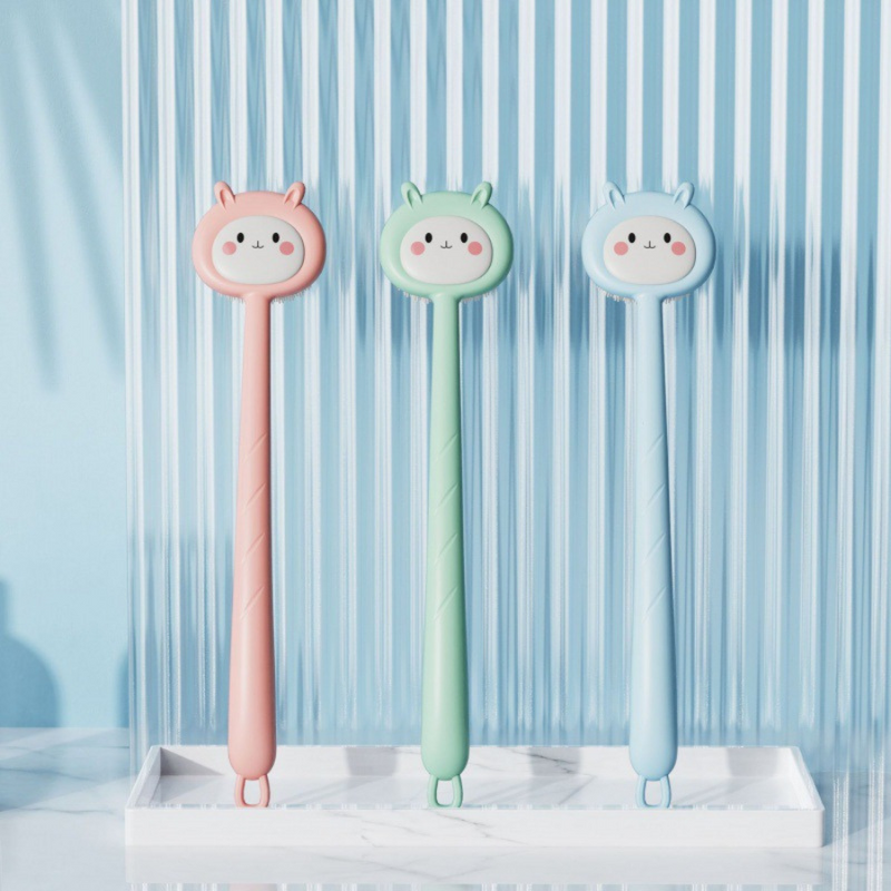 Set of 3 Cartoon Long Handle Bath Brushes – Pink, Green, and Blue Soft Scrubbers for Kids and Baby – Cupindy