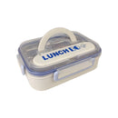 Beige lunch box with a clear lid on a white background