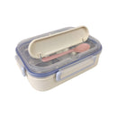 Rectangular food storage container with a pink spoon inside on a white background