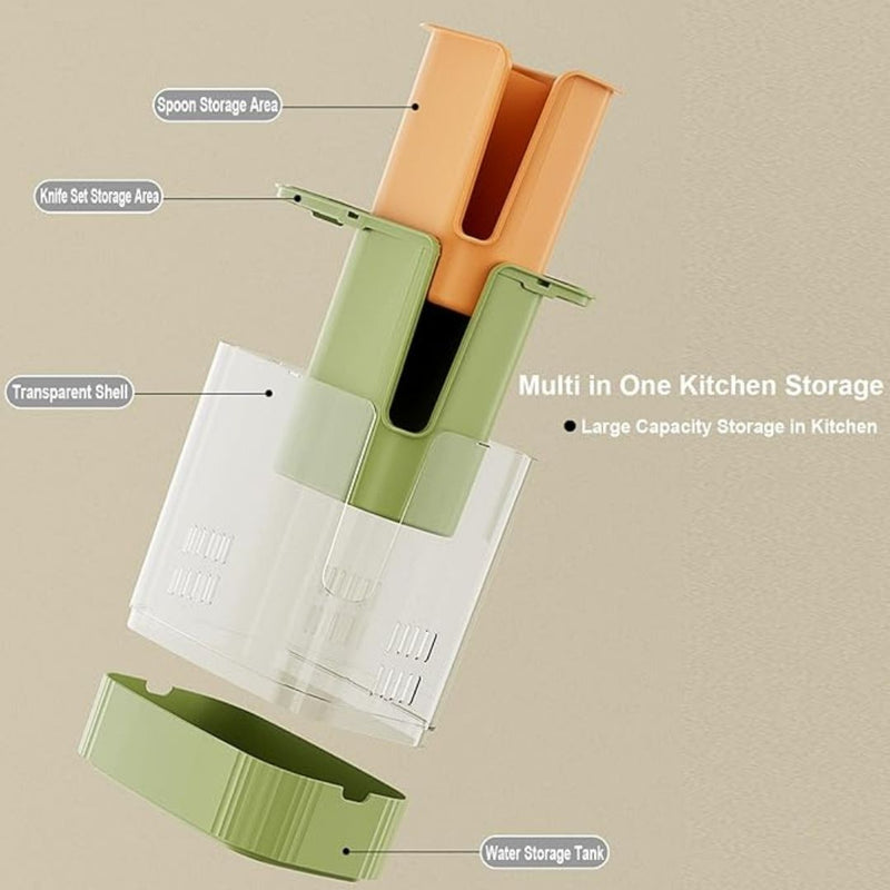 Multifunctional kitchen storage container with labeled sections on a beige background