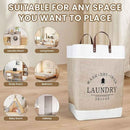 Laundry bag with text 'Wash Dry Iron Laundry Deluxe' on a wooden floor with lifestyle images of rooms.