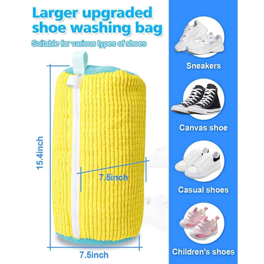 Yellow shoe washing bag with measurements and shoe types it can hold on a blue background