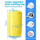 Yellow shoe washing bag with measurements and shoe types it can hold on a blue background