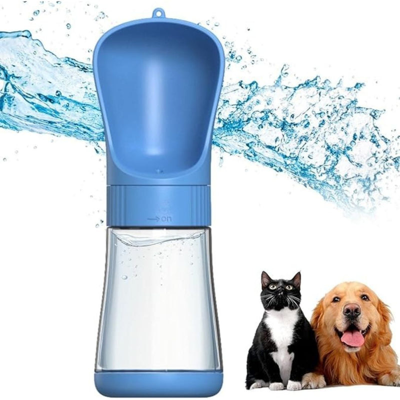 Dog drinking from pink portable pet bottle while walking | Cupindy