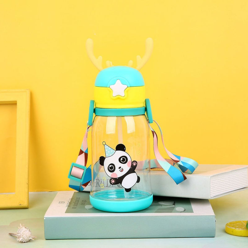 Panda-themed kids bottle with shoulder strap and cap | Cupindy