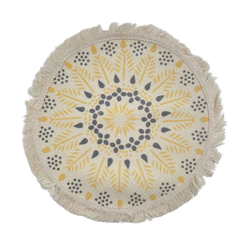 Round Linen Place Mat – Bohemian Pattern With Fringes, Decorative Dining Table Mat