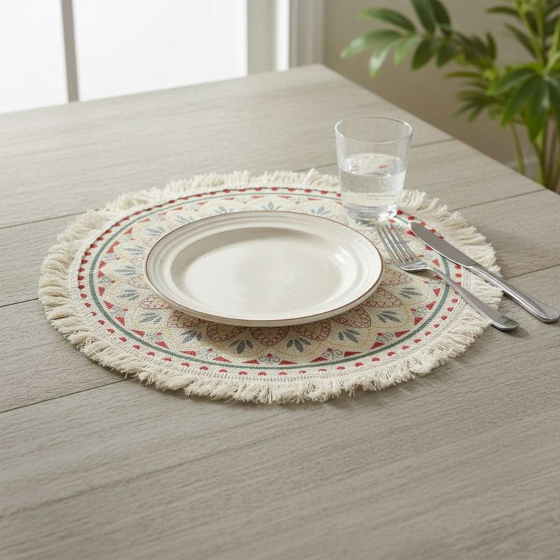 Round Linen Place Mat – Bohemian Pattern With Fringes, Decorative Dining Table Mat