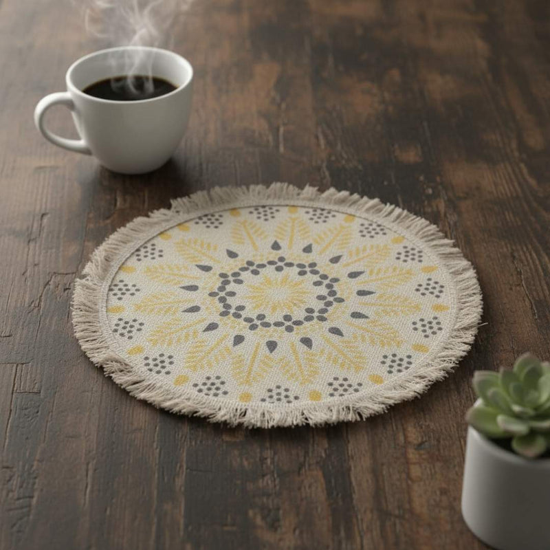 Round Linen Place Mat – Bohemian Pattern With Fringes, Decorative Dining Table Mat