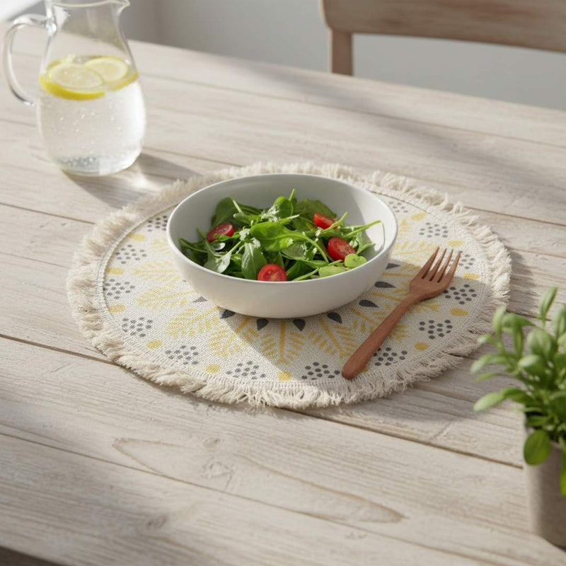 Round Linen Place Mat – Bohemian Pattern With Fringes, Decorative Dining Table Mat