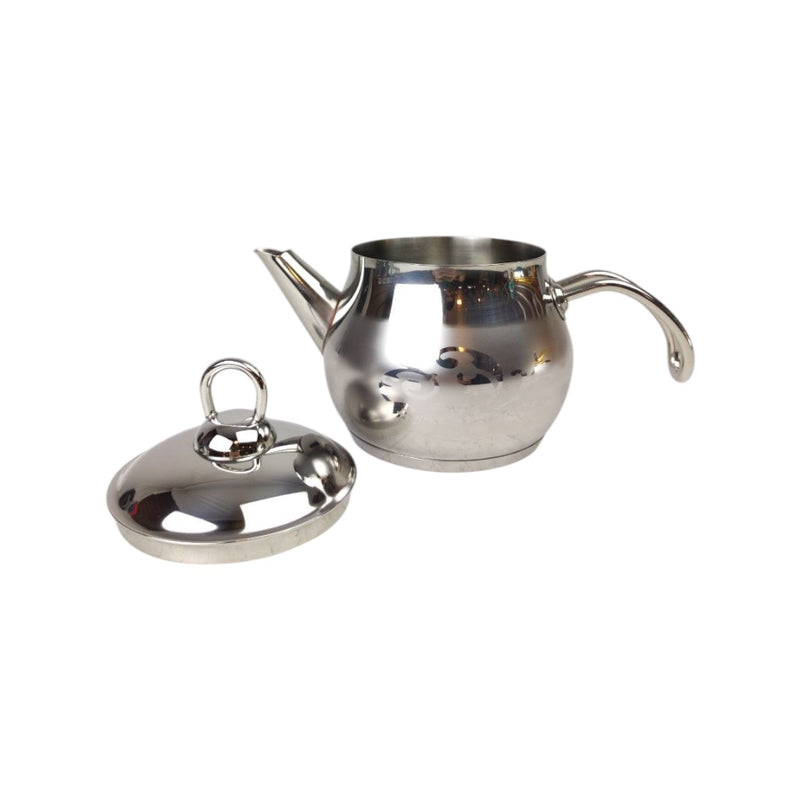 Stainless steel teapot and lid on a white background