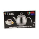 Stainless steel tea pot packaging with 'Lines' branding on a white background
