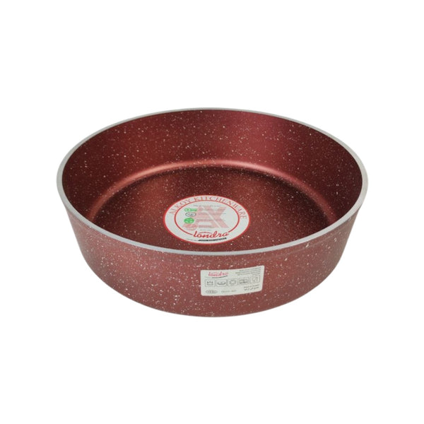 Red speckled frying pan with brand logo on a white background