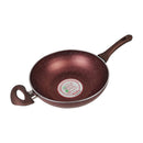 Brown speckled wok with a brand logo on a white background