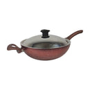 Speckled brown frying pan with a lid on a white background