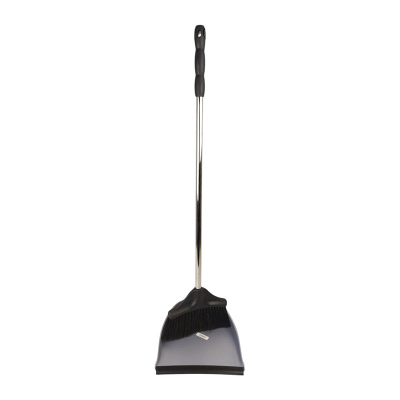 Black dustpan with long handle on a white background