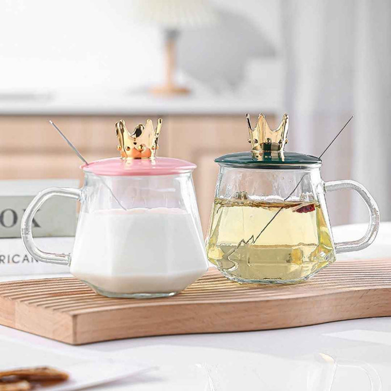 Decorative Glass Mug With Gold Crown Lid And Tea Spoon