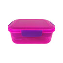Pink plastic container with purple lid on a white background