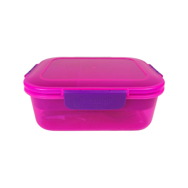 Pink plastic container with purple lid on a white background