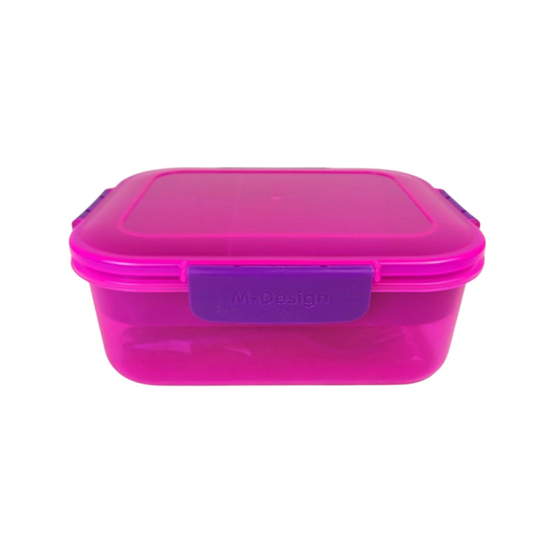 Pink plastic container with purple lid on a white background