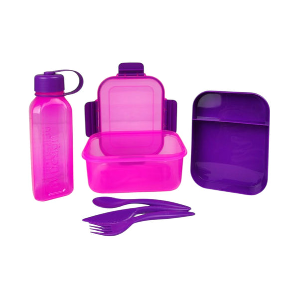 Purple and pink plastic lunch set with containers, bottle, and utensils on a white background