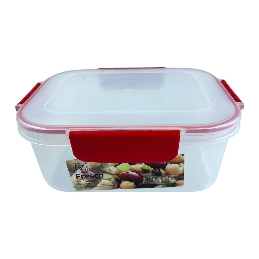 Transparent rectangular food storage container with red locking clips and airtight lid, labeled Fresco brand | Cupindy