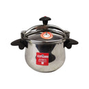 Stainless steel pressure cooker with black handles on a white background