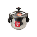 Stainless steel pressure cooker with a visible brand label on a white background