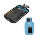 Gas level indicator with packaging and a blue gas cylinder on a white background