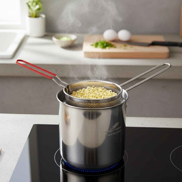 Stainless steel pot with a strainer on a stove, steaming food in a kitchen setting.
