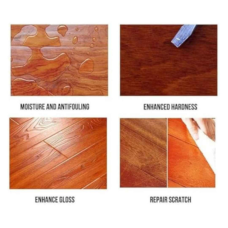 Wooden surface with different treatment effects labeled 'Moisture and Antifouling', 'Enhanced Hardness', 'Enhance Gloss', and 'Repair Scratch'.