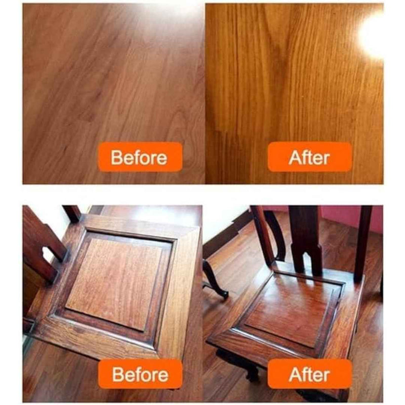 Before and after comparison of a wooden surface with a chair.