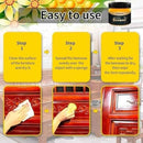 Instructions for using beeswax on furniture with a Qontec container in the corner.