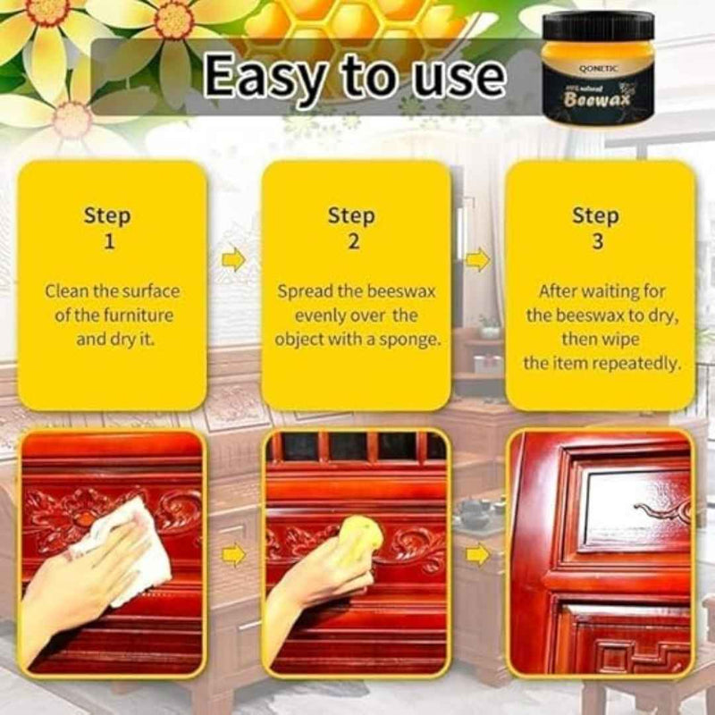 Instructions for using beeswax on furniture with a Qontec container in the corner.