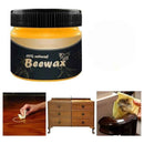 Jar of 100% natural beewax with images showing its use on wood.