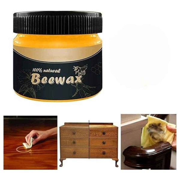 Jar of 100% natural beewax with images showing its use on wood.